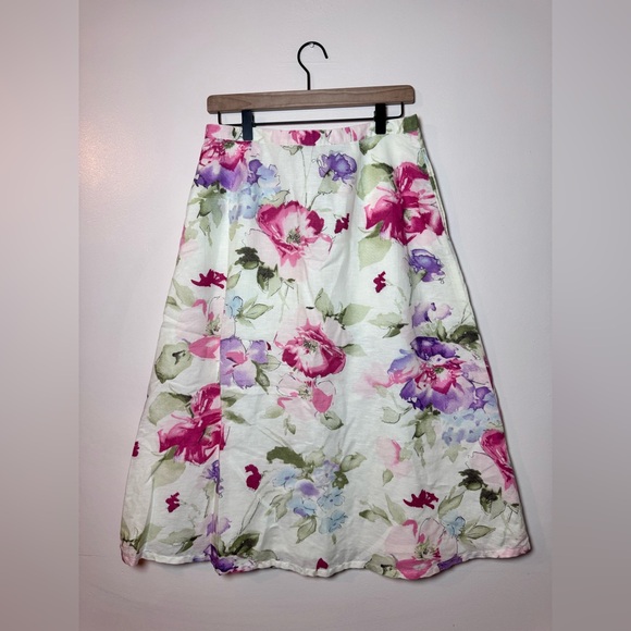 Vintage RL Chaps Linen Midi White Floral Watercolor Lined A-Line Skirt - Size 6 - Picture 5 of 7